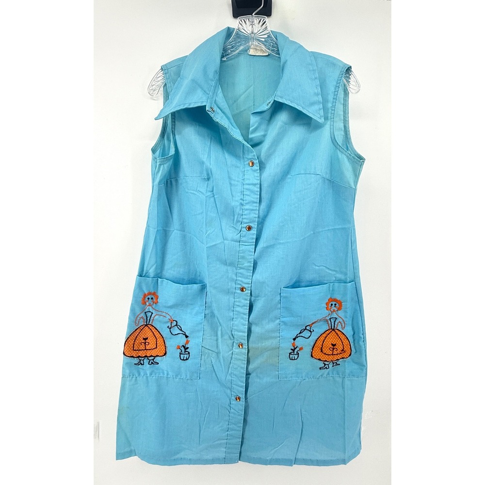 Vintage Embroidered Smock Top Blue Sleeveless Button Front House Dress Medium